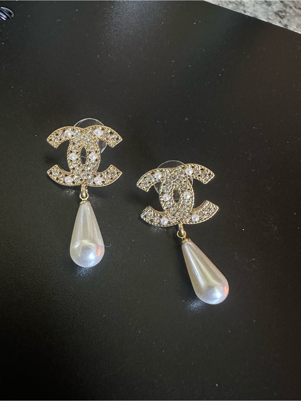 Gold Plated Stainless Steel Rhinestone Inlay Monogram Pearl Dangle Earrings